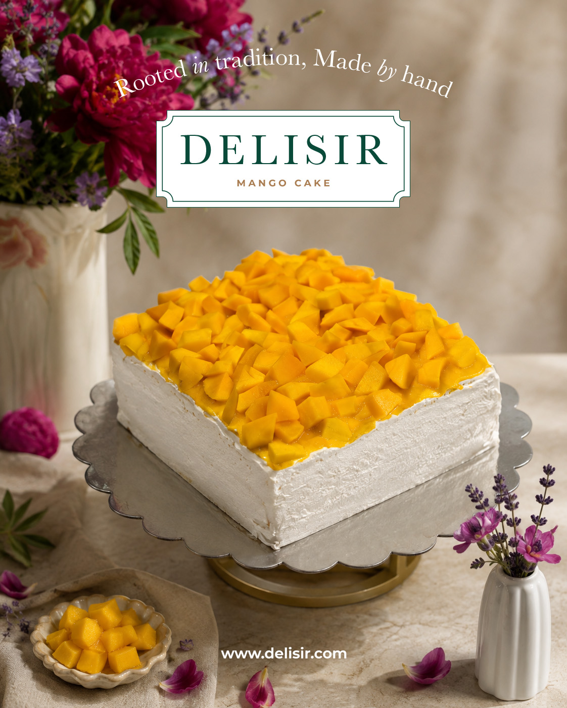 Mango cake topped with fresh mango