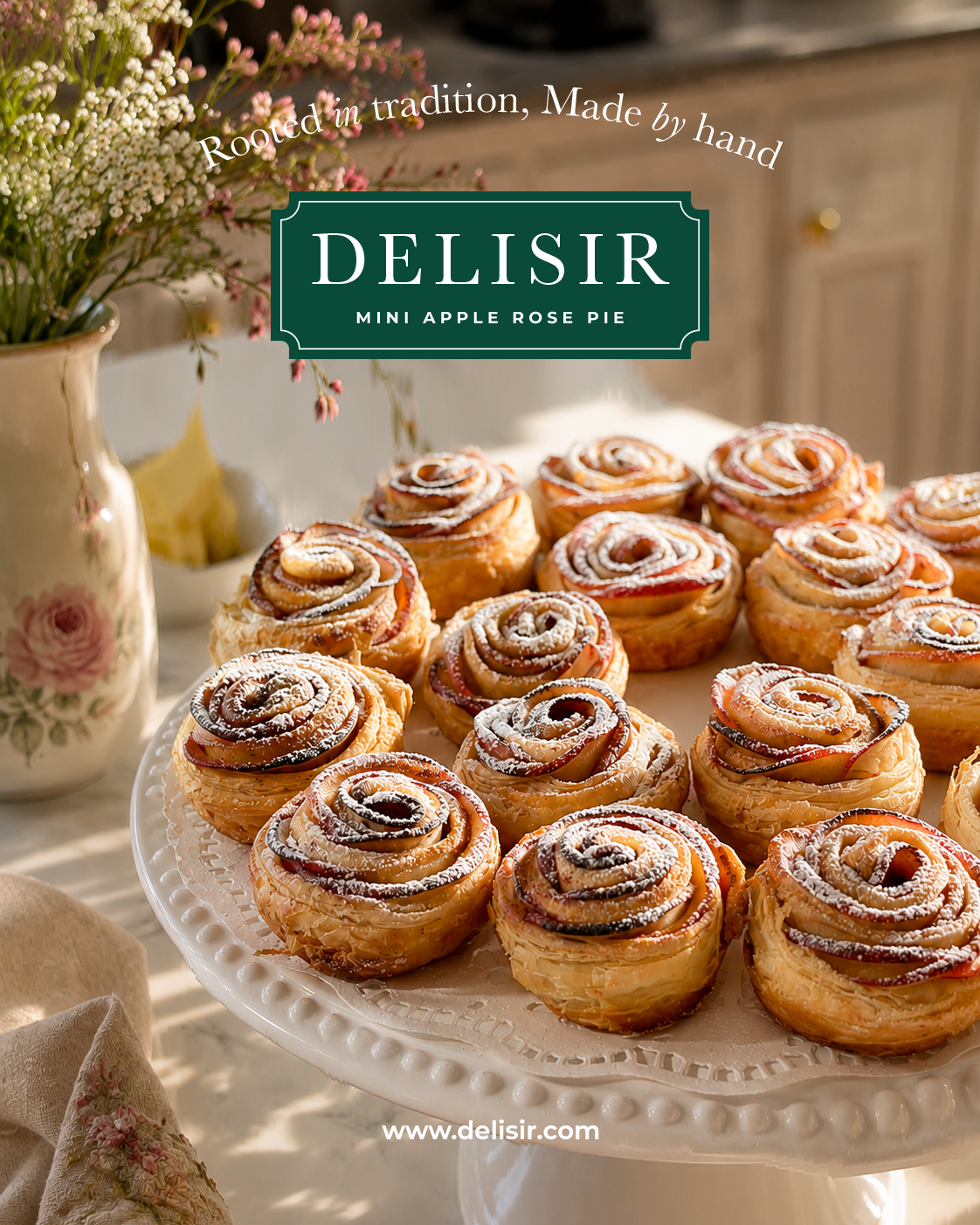 Mini apple rose pies dusted with sugar