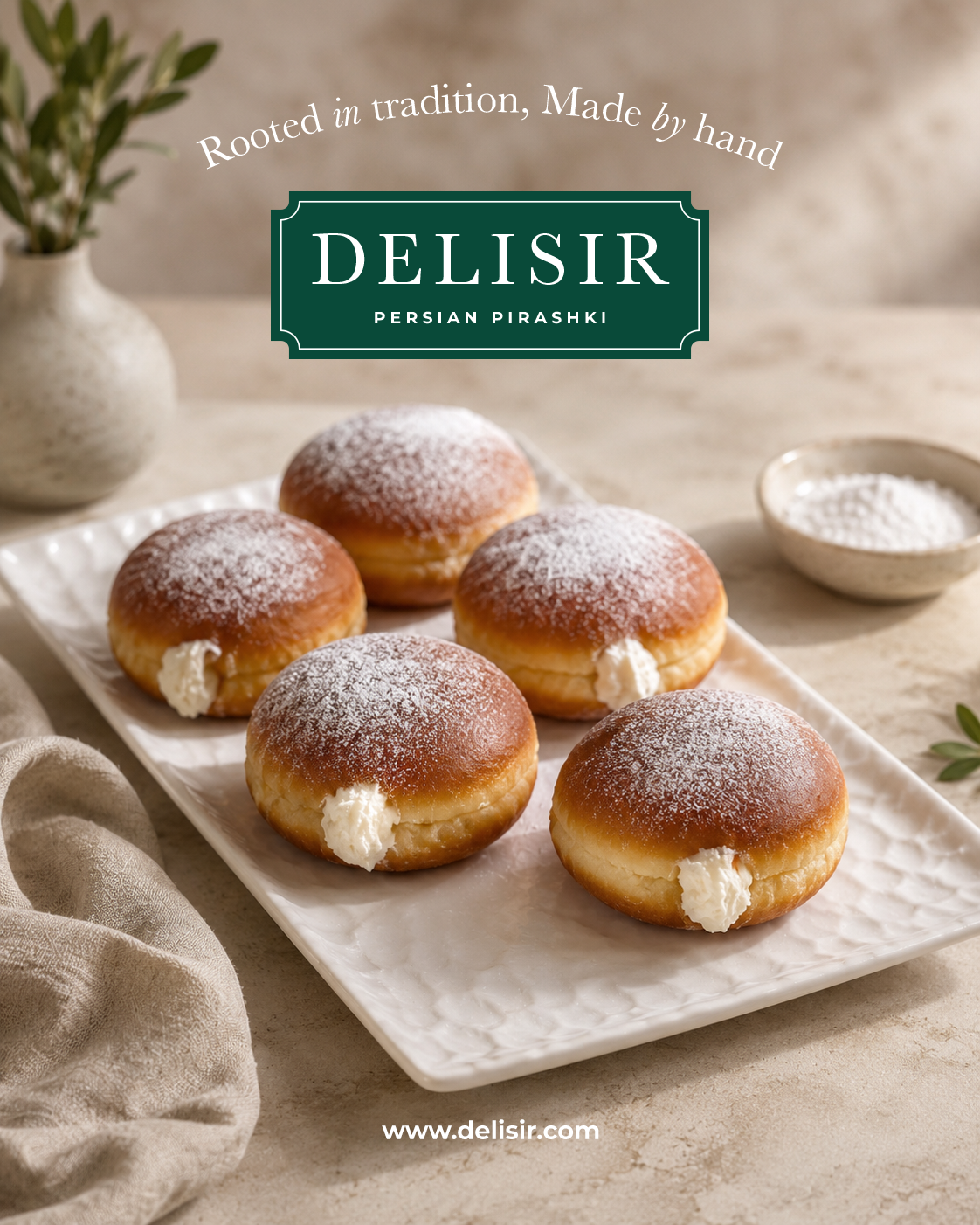 Persian pirashki filled with cream and dusted with sugar