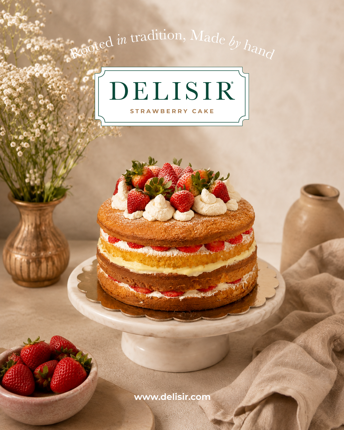 Layered strawberry cake with fresh cream