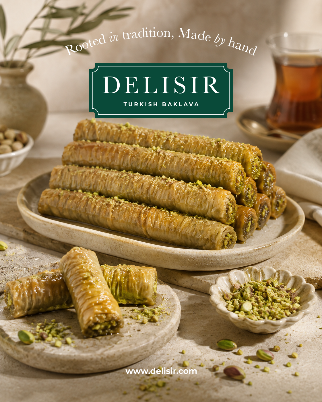 DELISIR pistachio baklava rolls arranged on a ceramic platter