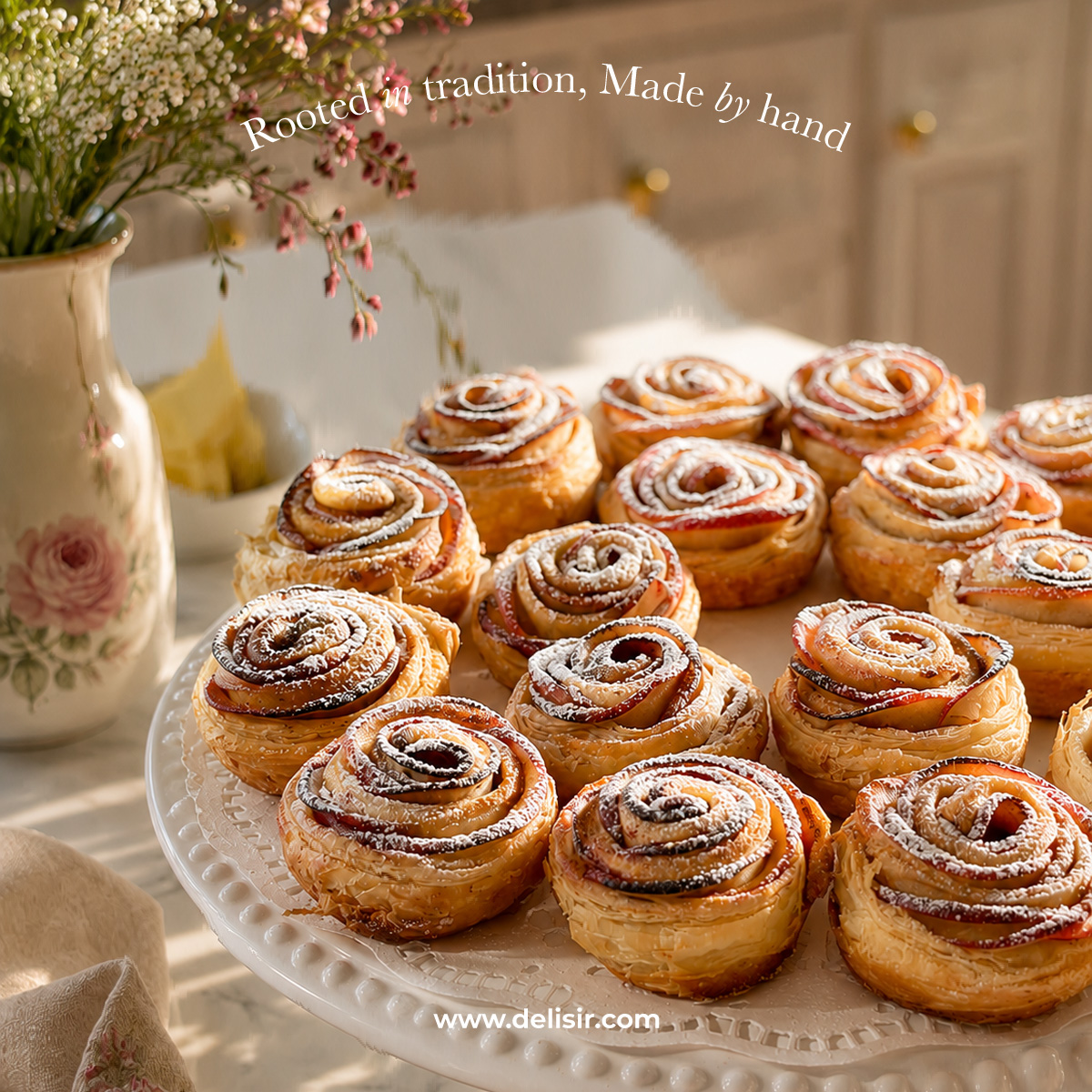 Mini apple rose pies dusted with sugar