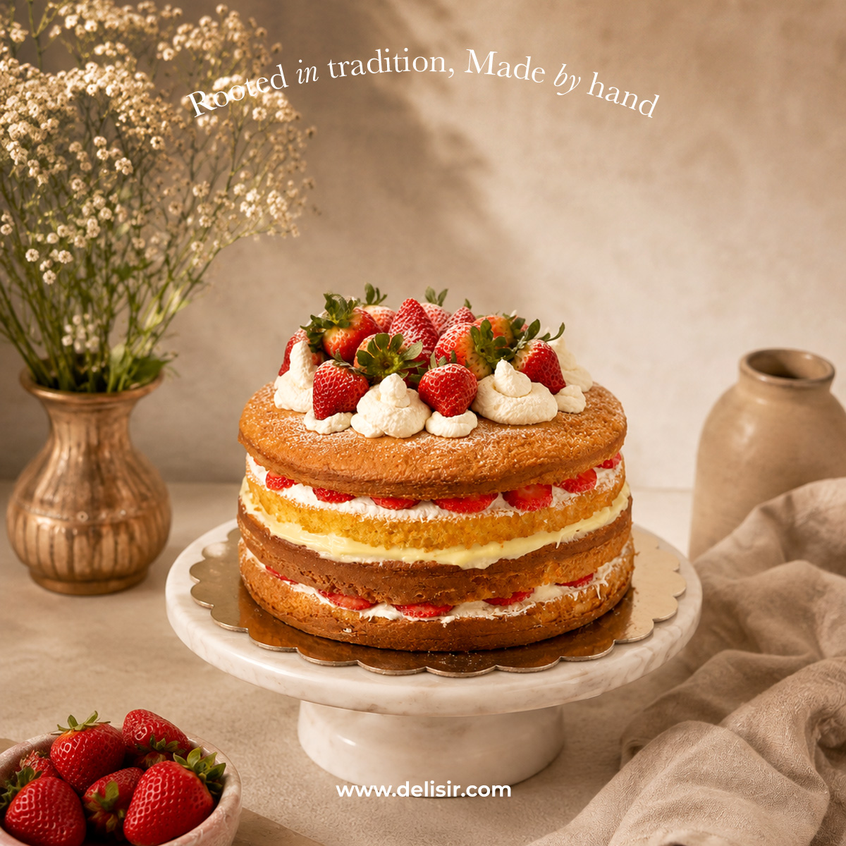 Layered strawberry cake with fresh cream
