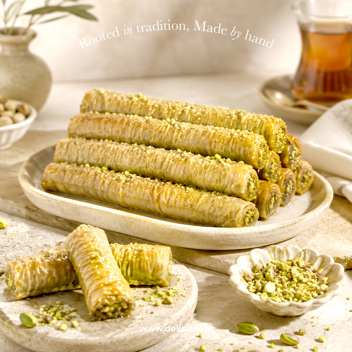 Pistachio-filled Turkish baklava rolls